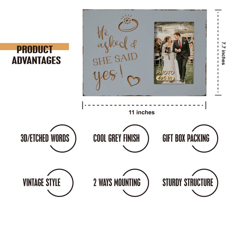 Buecasa Wedding Engagement Gifts for Women Bride to Be - Lovers Engraved Picture Frame 4x6 Inches - He Asked and She Said Yes - Image 3